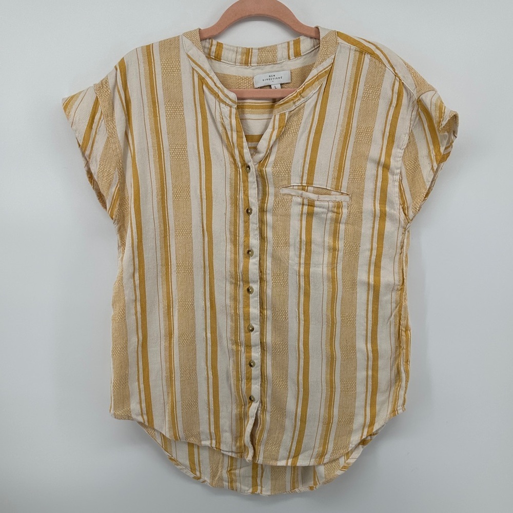 New Directions Boho Coastal Sporty Preppy Yellow Striped Button-Down Shirt SzL